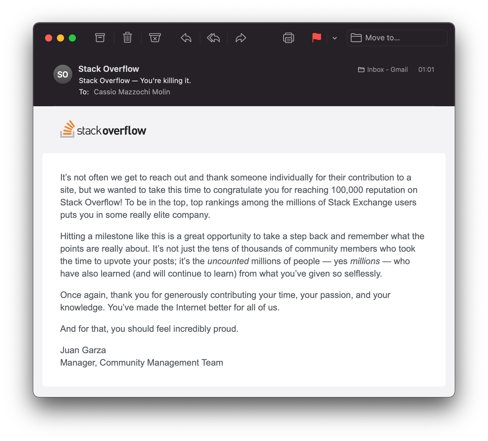 Email from Stack Overflow community manager